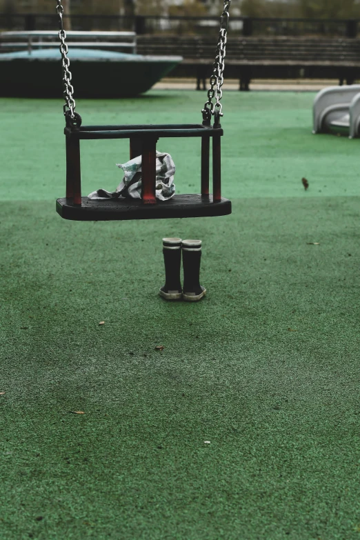 a small monkey sits on a swing in the playground