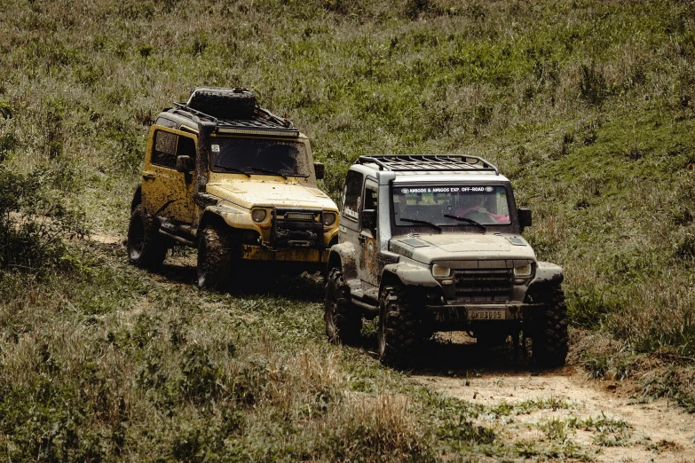 two army vehicles driving through grassy area with shrubs