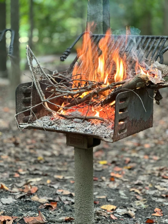 the camp stove burns over a small pile of fire