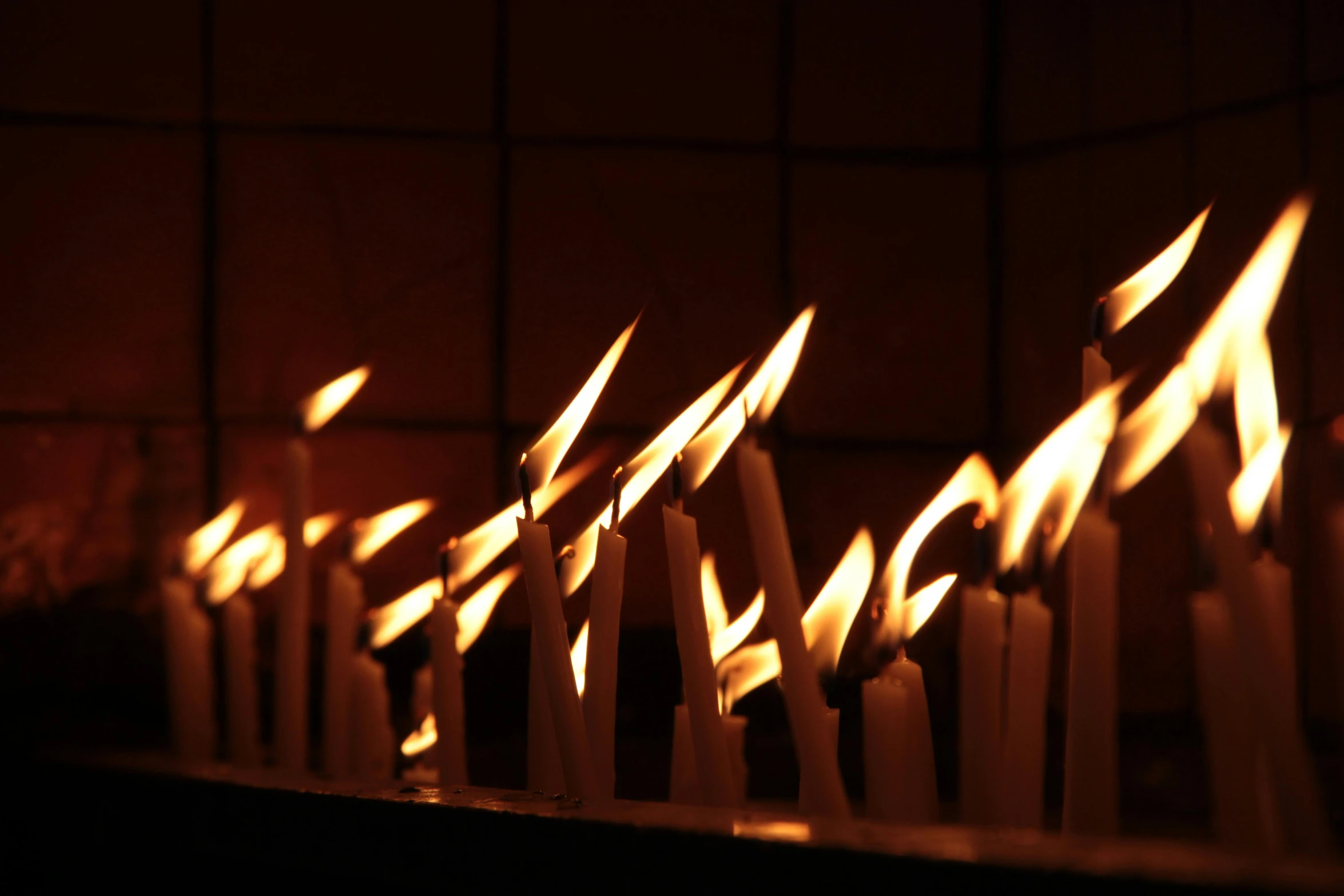 rows of candles lit up on the counter