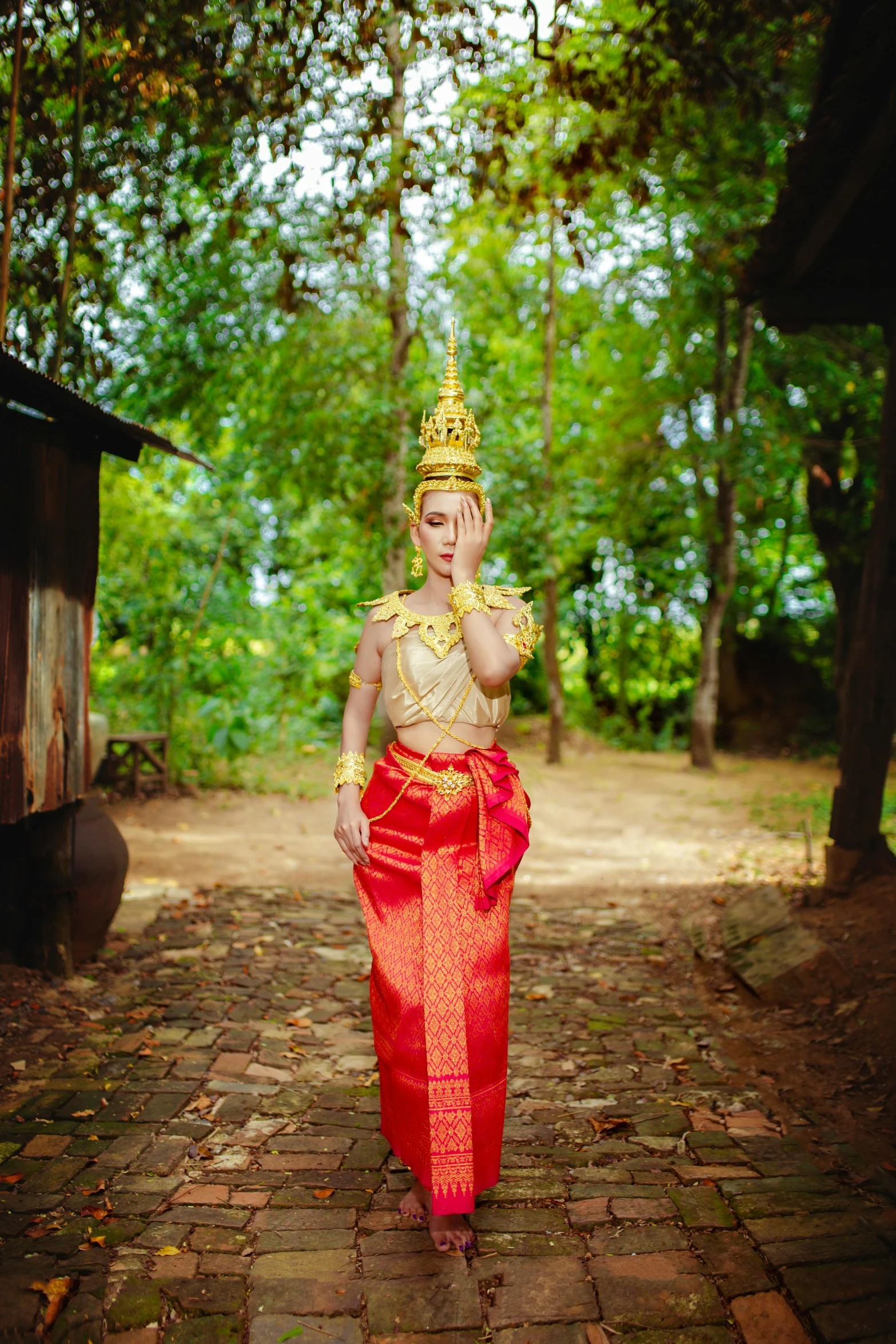 woman dressed in costume walking on a brick road