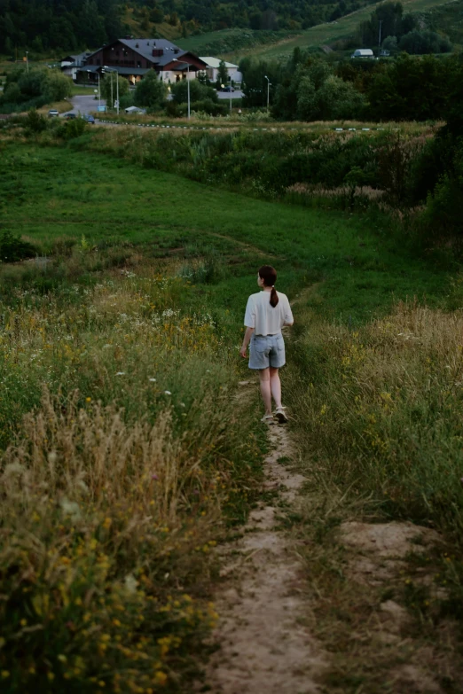 a person walking down a path in a grassy field