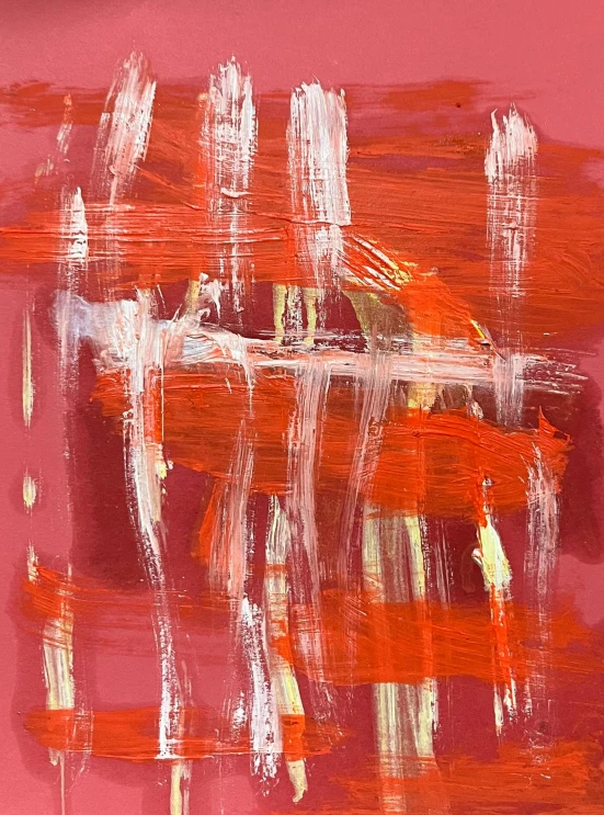 an abstract red painting with a line of trees and nches