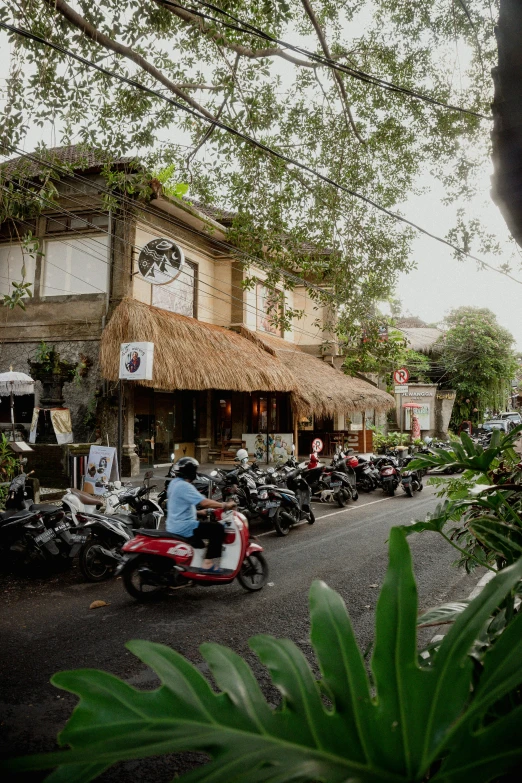 a row of parked motorcycles near a building