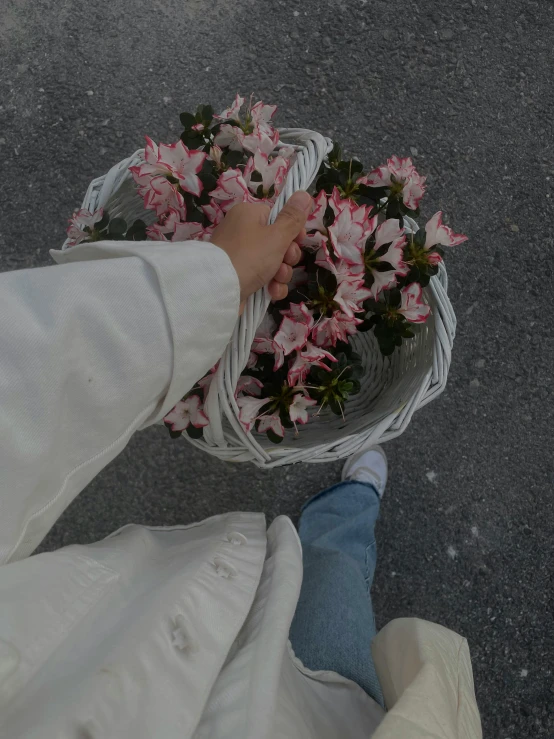 a person standing outside holding a basket with pink flowers