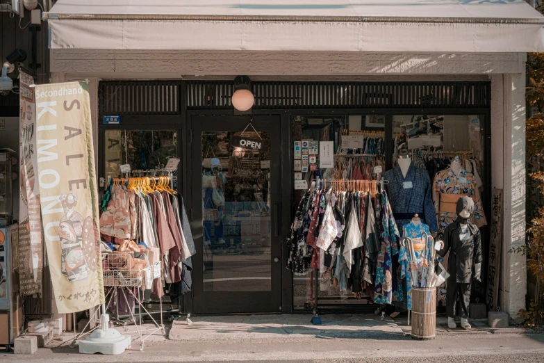 the outside of a store with clothes and banners on display