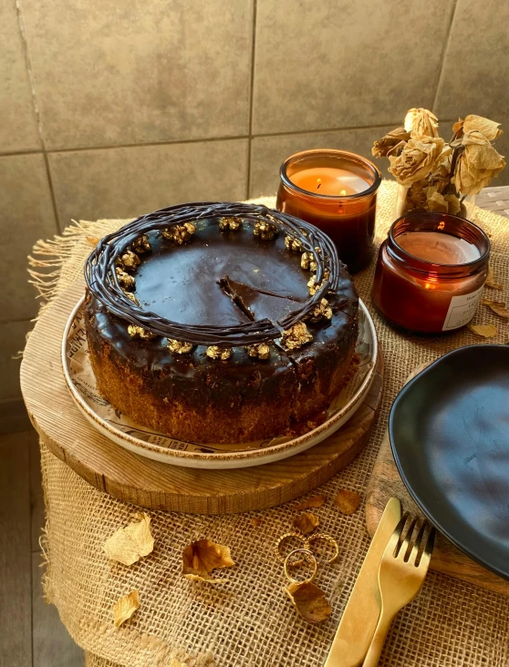 there is a chocolate cake that was left on the table