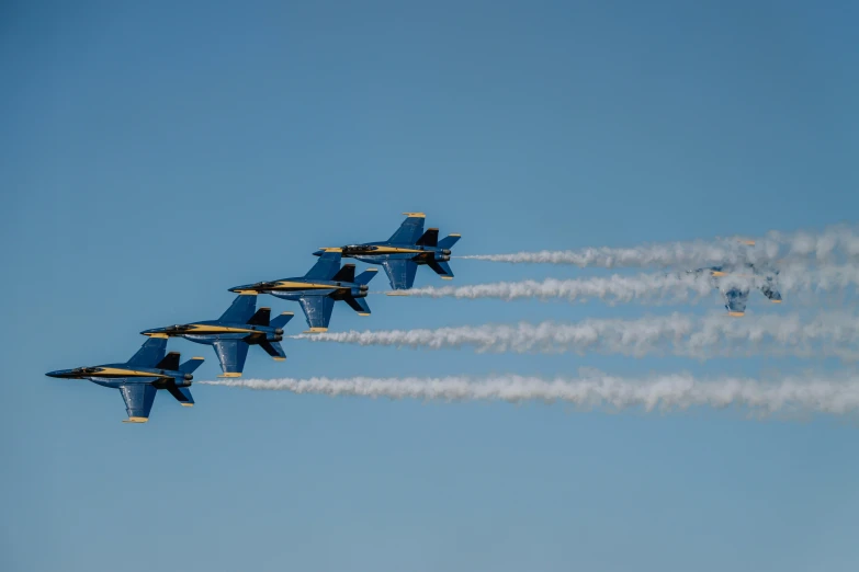 a squadron of fighter jets fly in formation