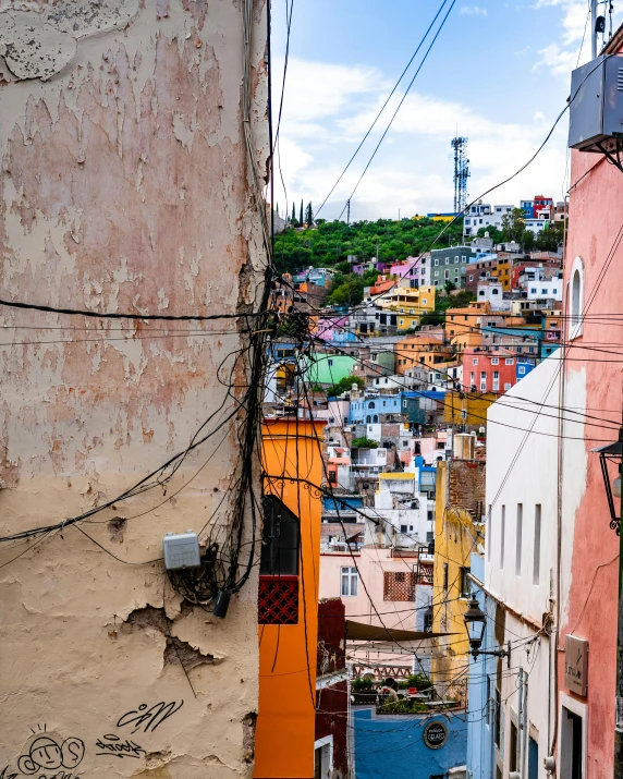 the city from up high with colored buildings