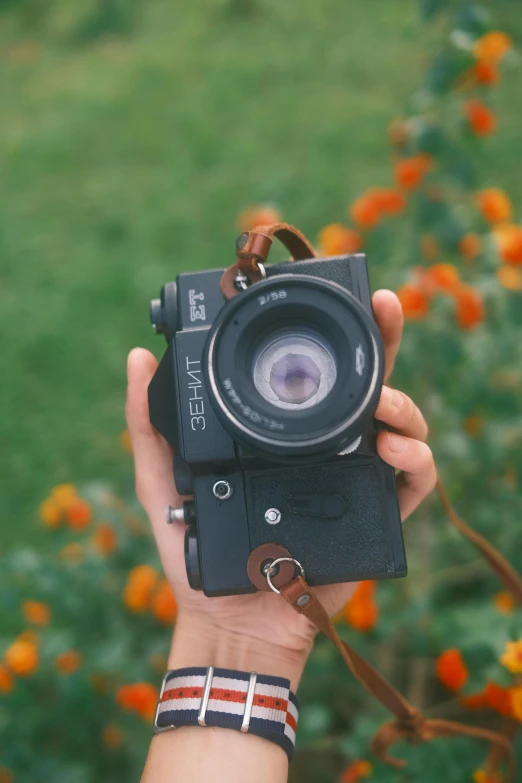 a person holding a camera up to take a po