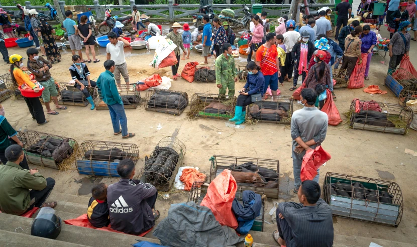 several people are standing in the dirt by many luggages