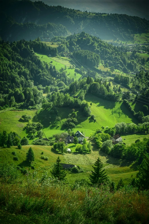 the green landscape is surrounded by trees and a hill