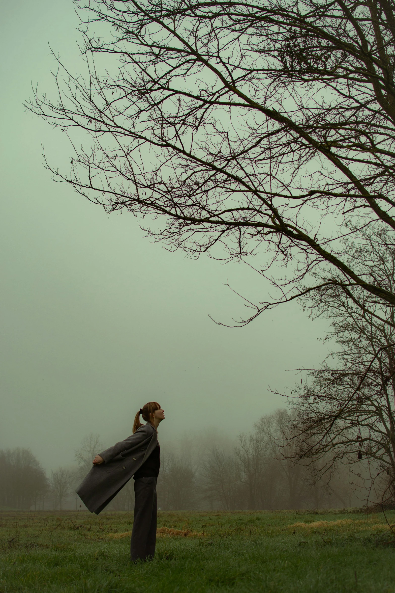 a woman holding up her blue jacket, in a foggy field