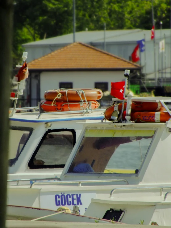 an up close look at some boats docked