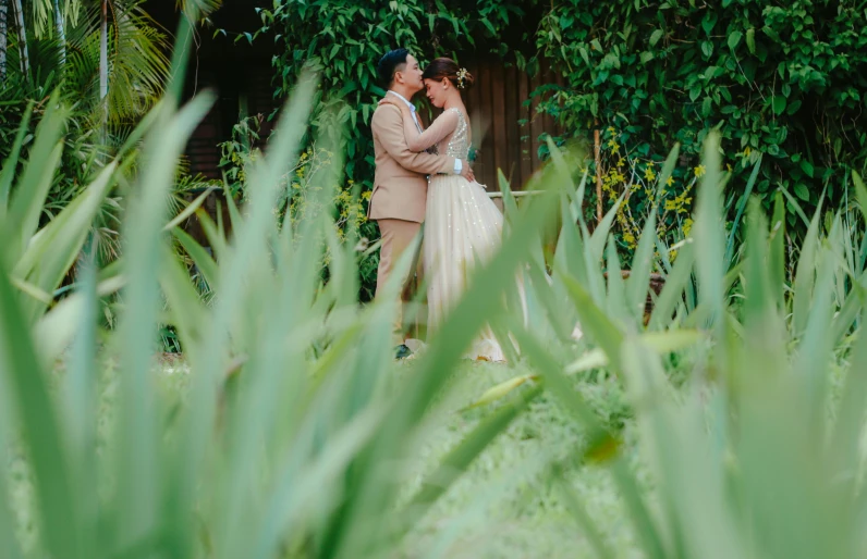 a bride and groom kissing in front of green bushes