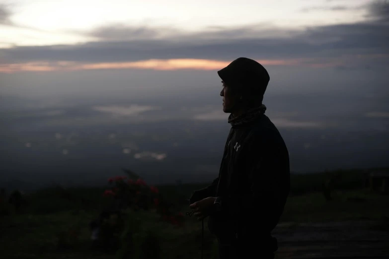 a person standing in the grass overlooking the sky