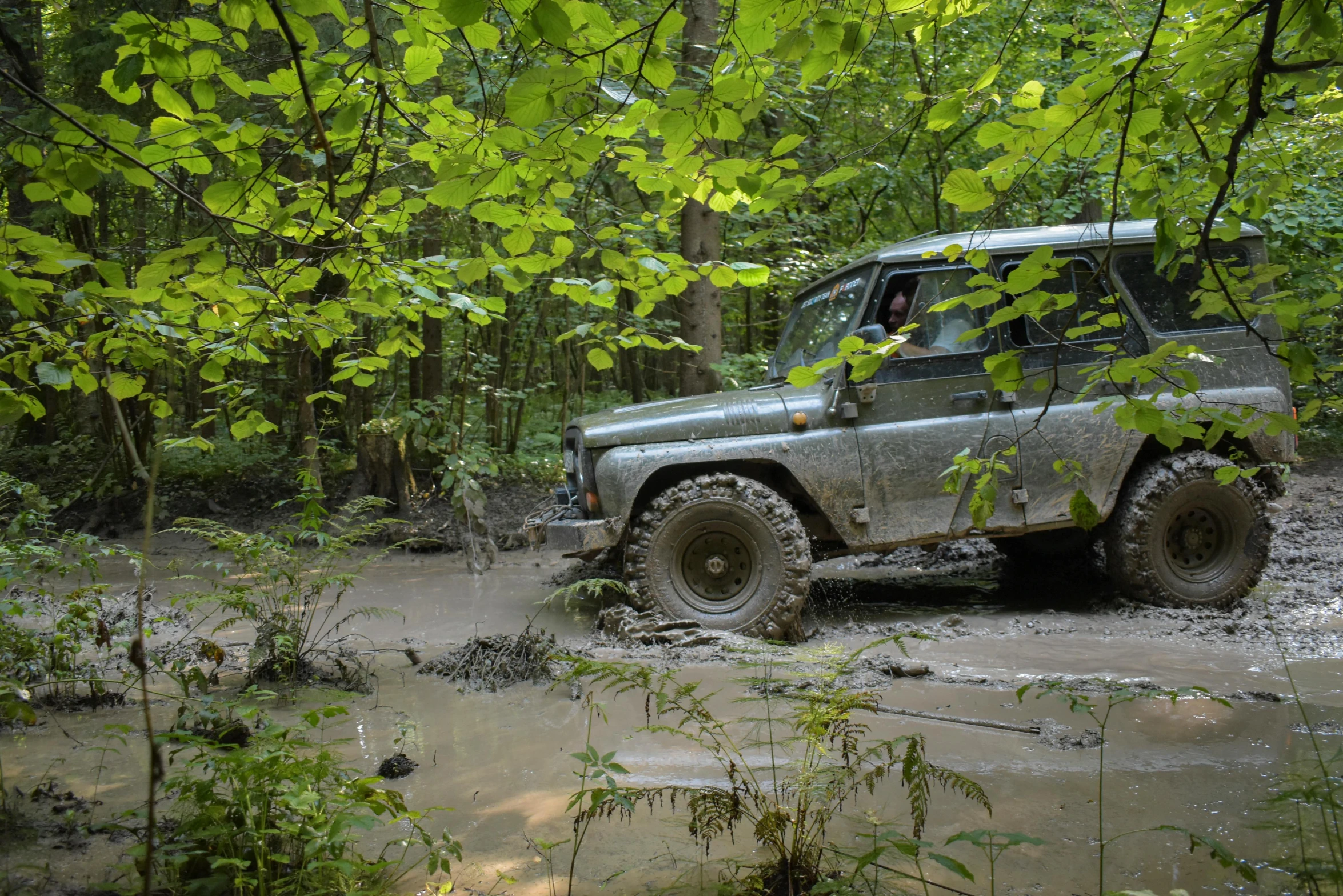 a grey 4x4 in the mud near trees