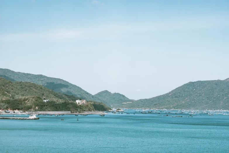 a bay filled with lots of boats on a lush green beach