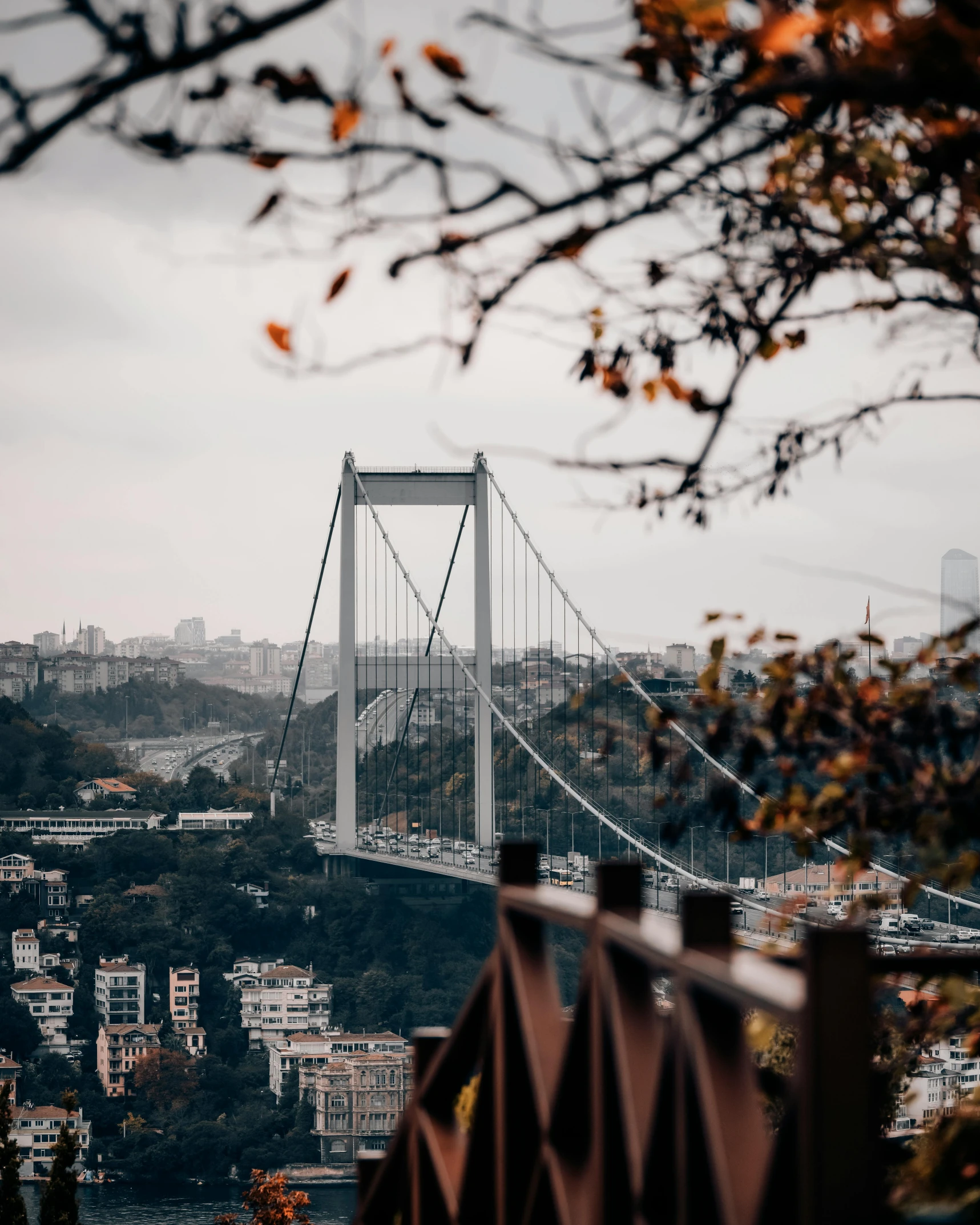 a long suspension bridge over a large city