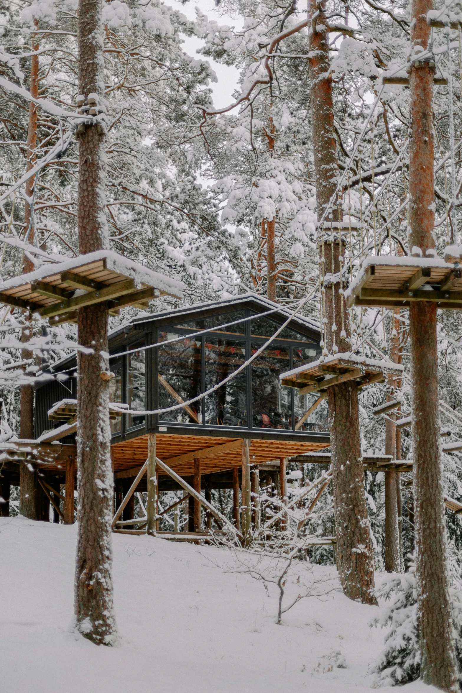 an outdoor cabin is surrounded by some trees