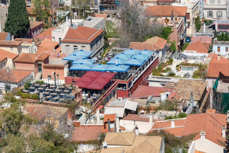 the roof tops are covered in blue fabric