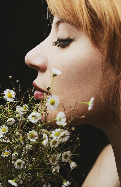 a woman with flowers in her face