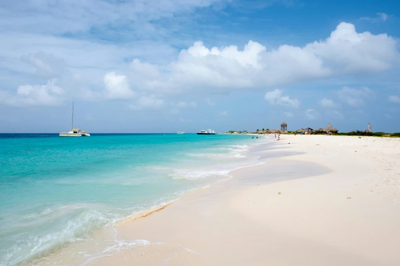 the white sand beach is the color of blue waters