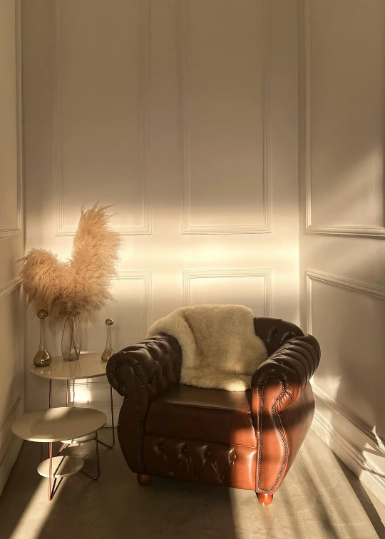 the sun shines through a large room in an armchair