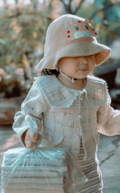 a small child with a hat and handbag on the street