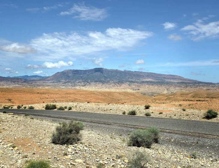 a road running through a desert with trees and mountains in the background