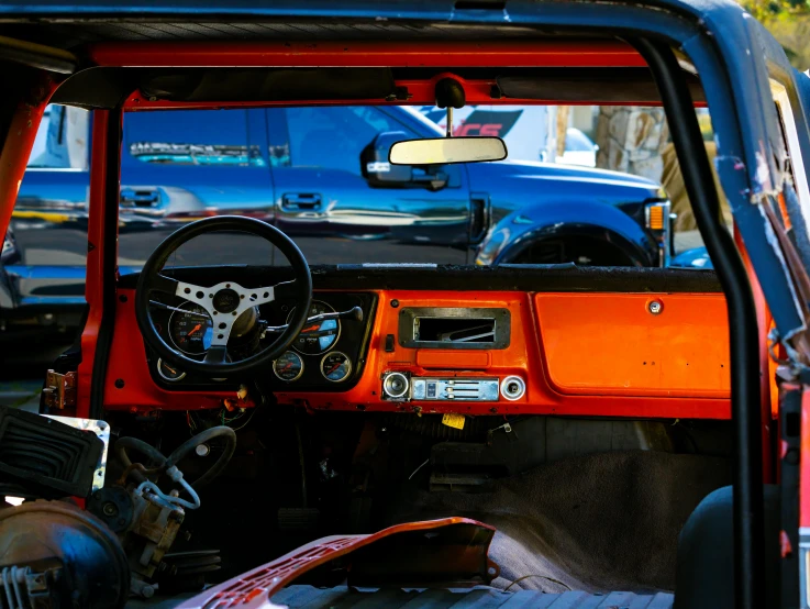 the interior of an old, dusty car