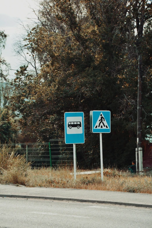 two signs standing in front of a forest