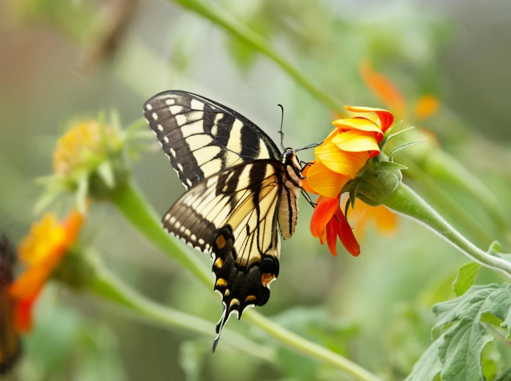 erfly feeding on an orange flower from its nectar