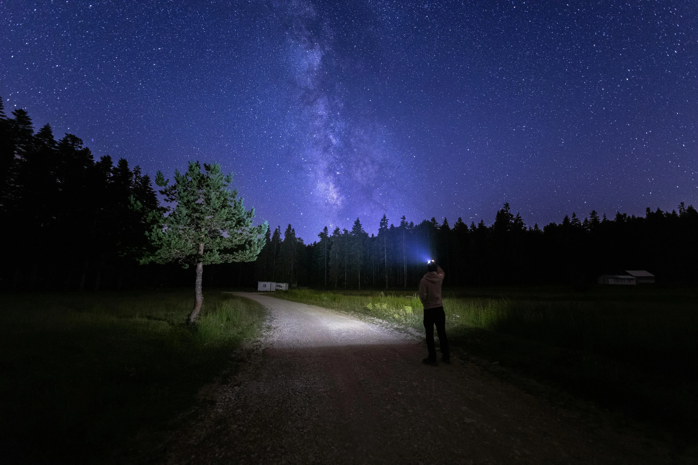 a man looking up at the sky while standing in the middle of a road