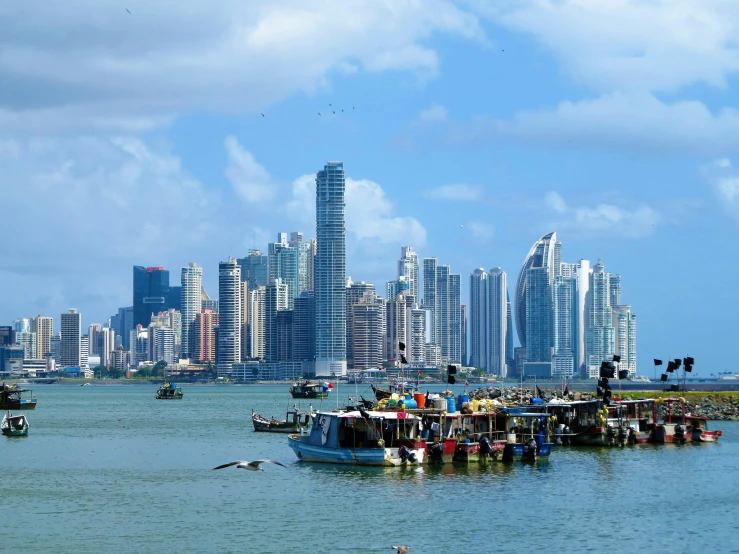 the blue boats are lined up on the water in front of the city