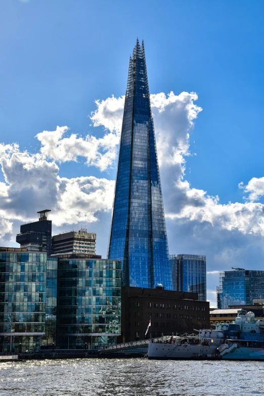 the shard building stands tall above the other buildings on the water