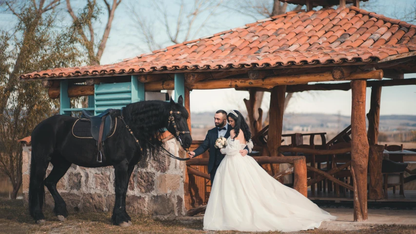 a newly wed couple pose in front of their horse