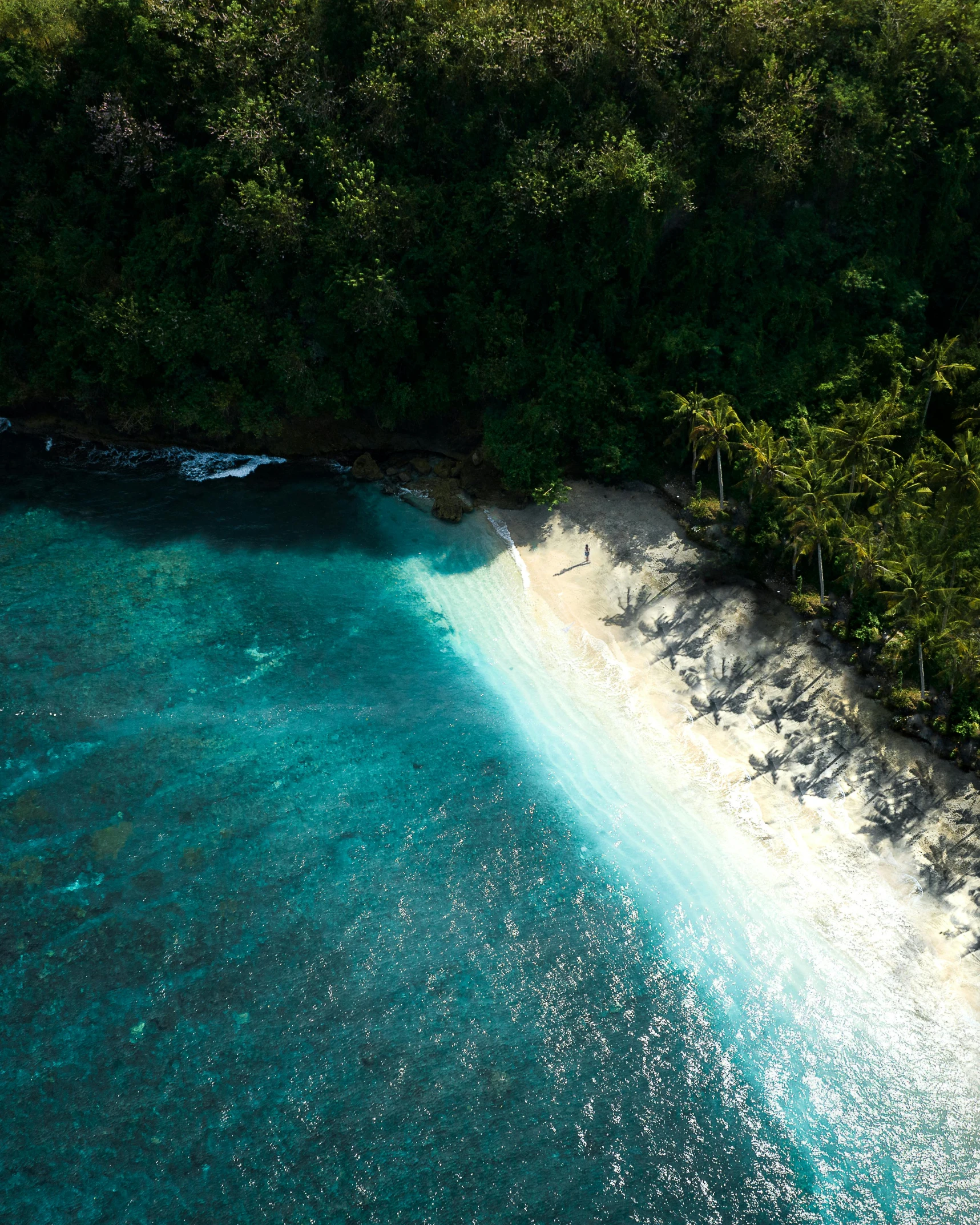 aerial pograph of water at bottom with white sand in middle