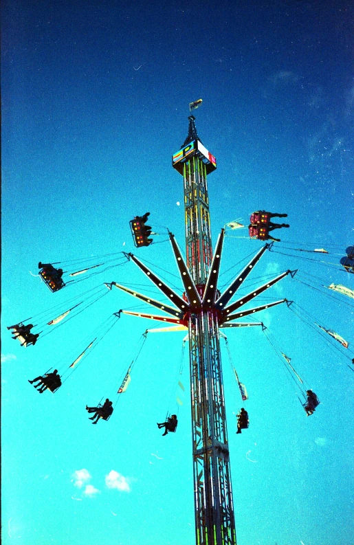 a ride for people flying on a blue sky