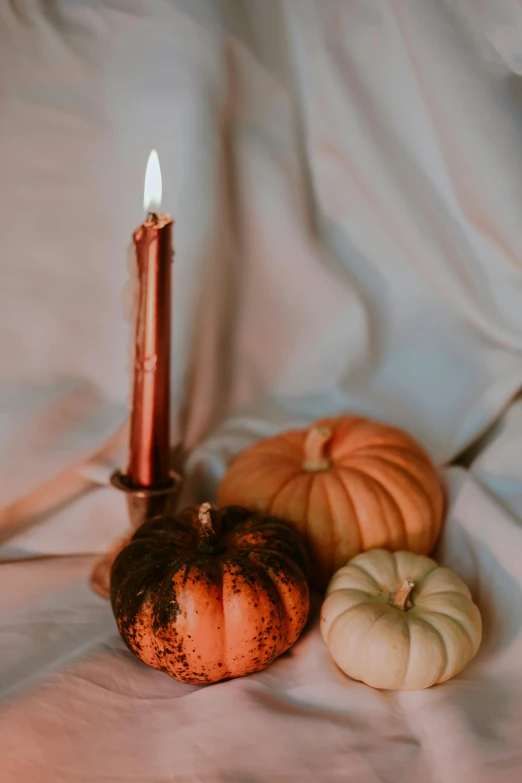 three candles and pumpkins in a small display