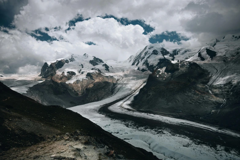 the mountain landscape shows a glacier flowing through a valley