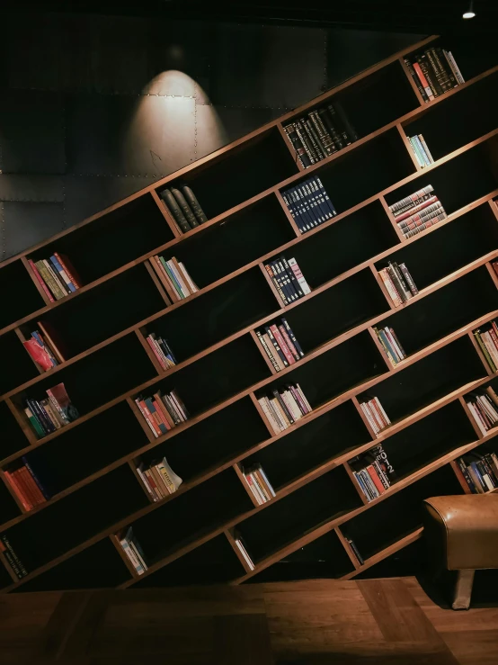 the chairs are sitting beneath the bookshelves on the wall