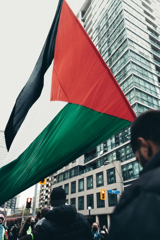 people walking and holding flags in front of a tall building