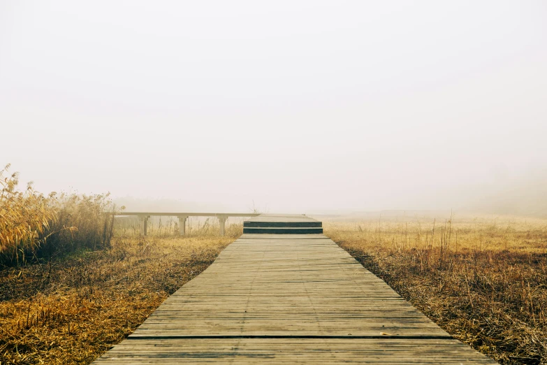 a bench in the fog along a long wooden path