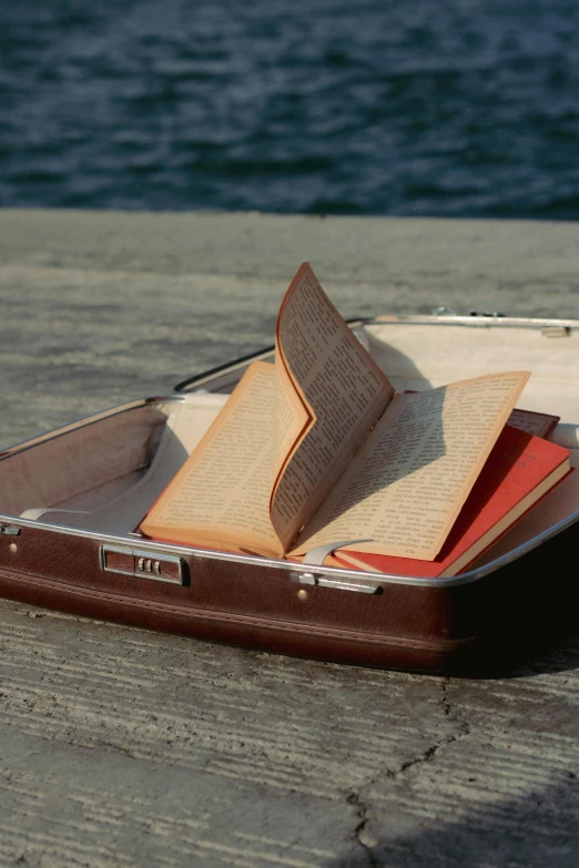 an open book in a suitcase sitting by the water