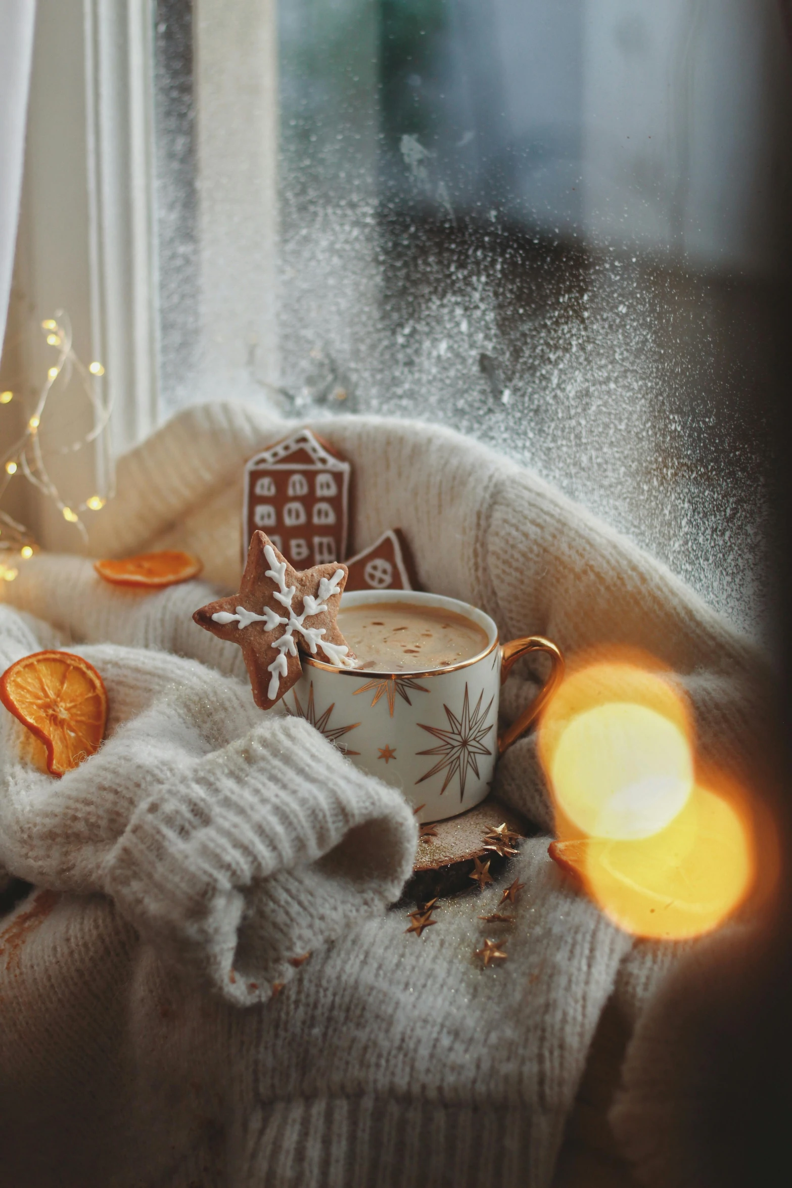 some warm beverages and a mitt next to a window