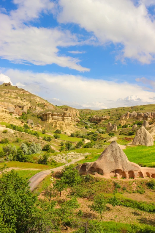 a grassy field with rocks, dirt and a winding road