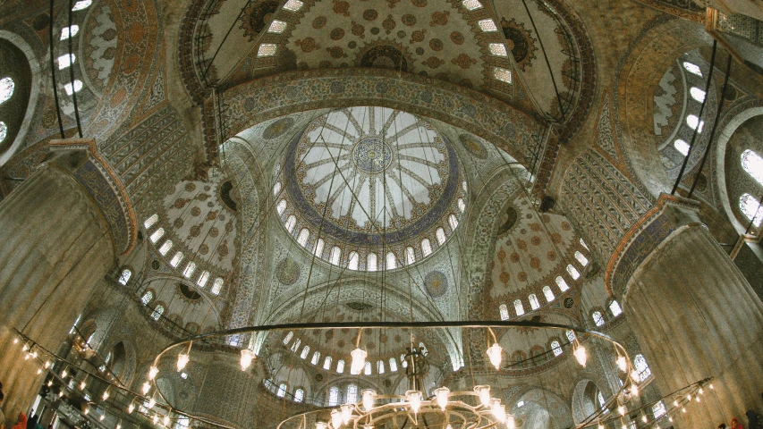 the interior of a building with a clock tower