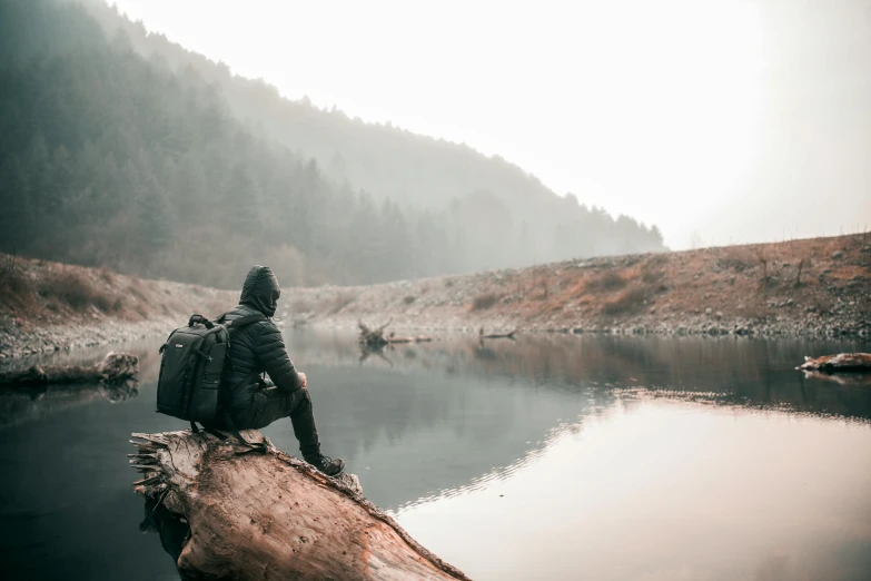 a person sitting on a log over looking a lake