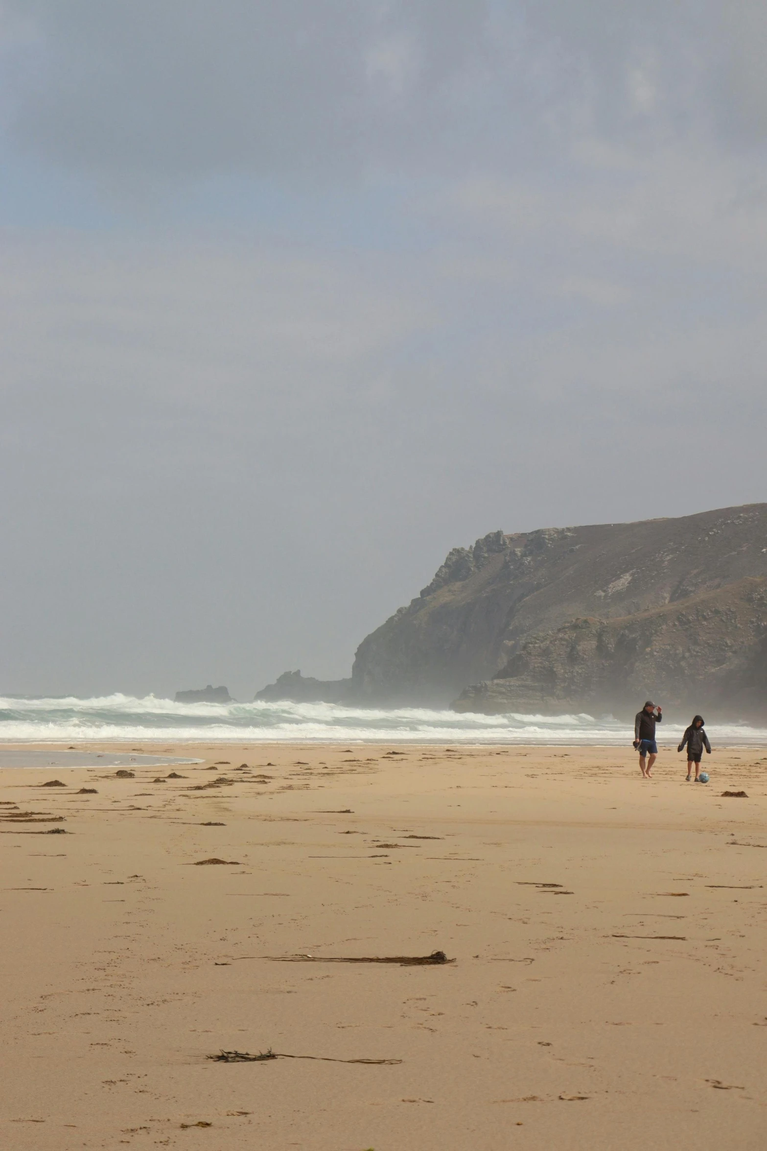 two people walking on a beach by an ocean